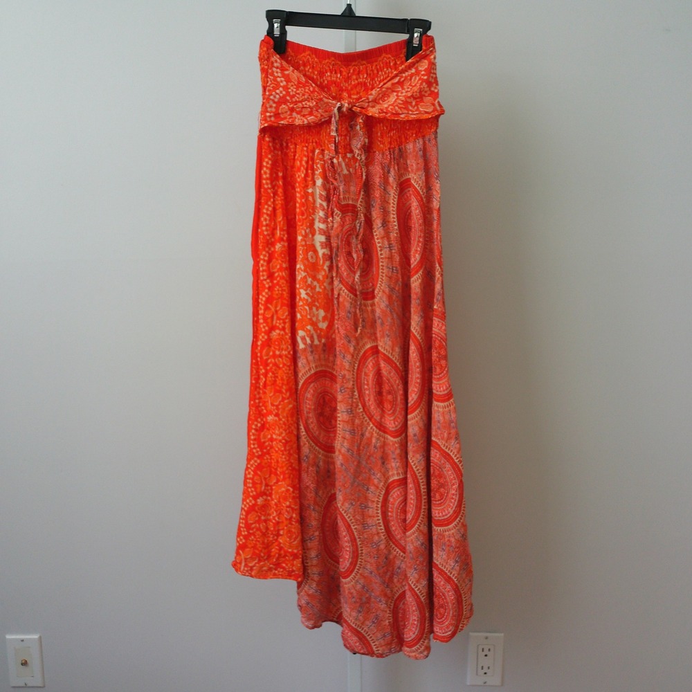 Boho Cotton Beachy Relaxed Shabby Lagenlook Smocked Maxi Skirt OS Orange